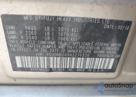 2010 Subaru Legacy 2.5I Premium из США, поврежденный, VIN 4S3BMBG68A3236320